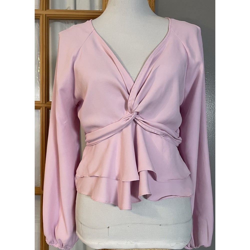 Express Peplum Crop Blouse M Crossover Ruffles Puff Sleeve Pink Modern Classic